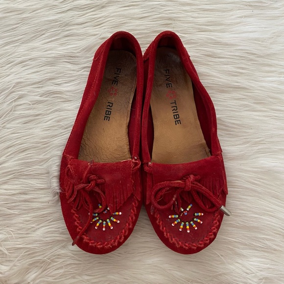 Five Tribe Red Suede Beaded Moccasin Flats - Picture 2 of 13